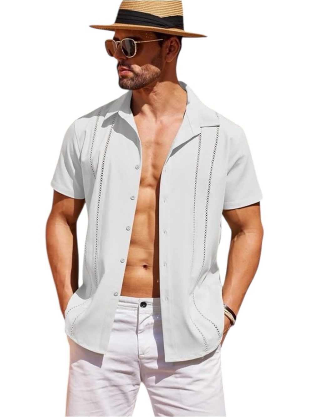 NWT Coofandy Cuban Guayabera Shirt Mens Large White Short Sleeve Button Up - Picture 13 of 13